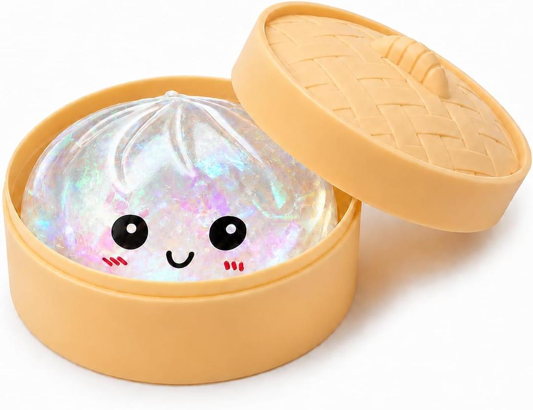 Flashing Dumpling Squishies Stress Balls, Glitter Squishies Dumpling Fidget Sensory Toy with Food Steamer, Squeeze Dough Ball for Stress Relief, Stretchy Desk Toys Gift