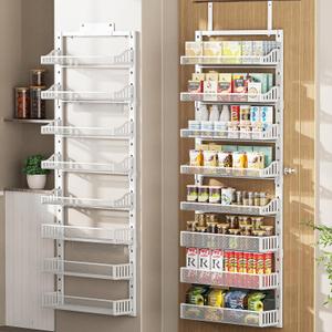 Over the Door Pantry Organizer 8-Tier, Large Metal Door Spice Rack with Adjustable Basket, 2 in 1 Wall Mount or Hanging Heavy-Duty Pantry Door Storage Shelf for Kitchen and Bathroom, White