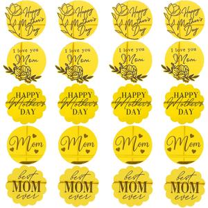 Acrylic Mirror Disc Cupcake Toppers 20 Pcs Mother's Day Cake Decorations 5 Styles Gold Flower Happy Mother's Day Engraved Cake Topper Dessert Toppers for Mom Women's Day Birthday Party Supplies
