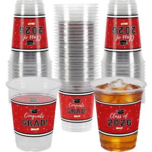 Labrostar 50Pcs Graduation Decorations 2026 Disposable Graduation Cups Congrats Grad Class of 2026 Decorations Graduation Party Supplies 16oz Red