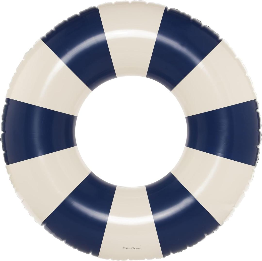 Petites Pommes Tire Inner Tube for Adults - Durable Swim Ring, Handprinted Classic Striped Design Round Pool Floats, Soft Comfort Seaming, Packable Floats for Travel, Dark Blue, 47 inch