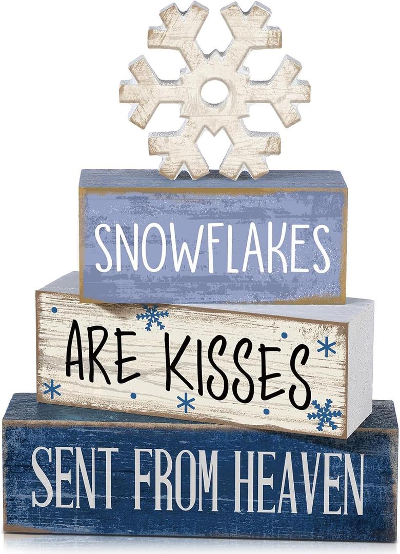 Lineshading 4 Pcs Winter Table Decorations Blue and White Wooden Snowflake Tiered Tray Decor Rustic Snow Block Signs Gift Farmhouse Christmas Centerpiece for Winter Wonderland Party Home Kitchen