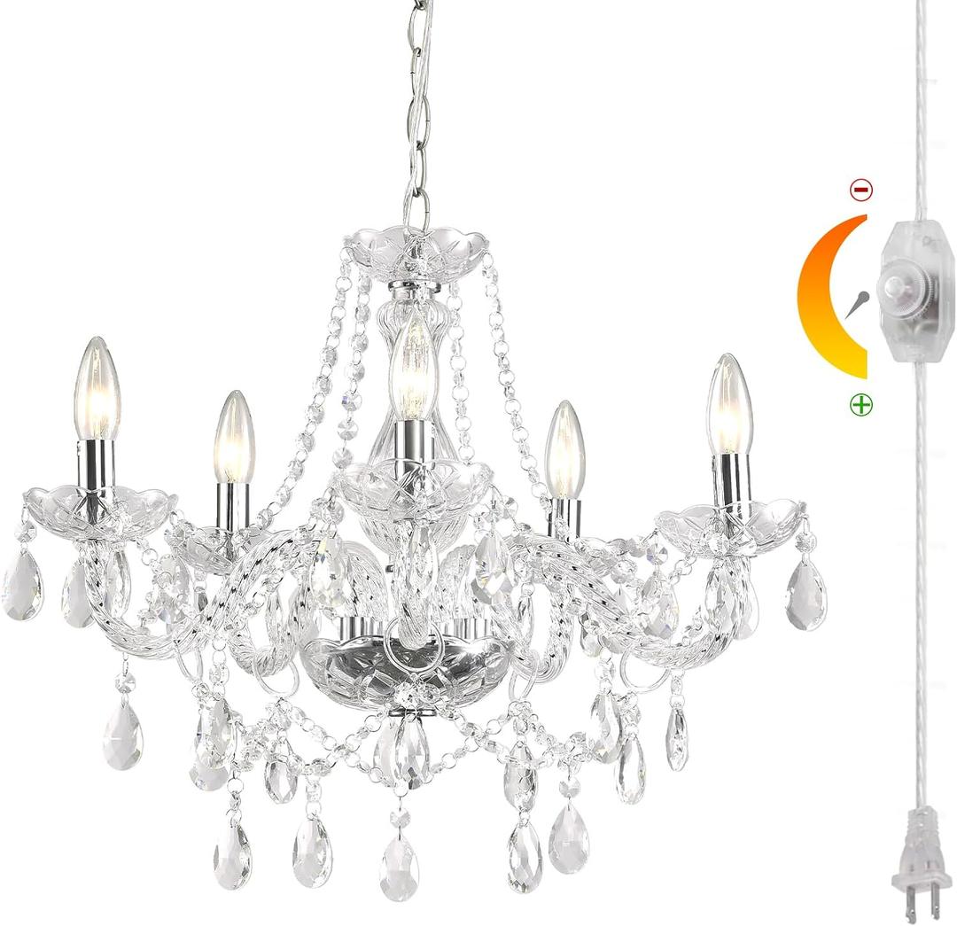 HOXIYA Dimmable Plug-in 5 Light Crystal Chandelier with Cord Glass, Chrome Candle Style Hanging Swag Lighting, K9 Crystals Beads Modern Pendant Light Fixtures Ceiling for Dining Living Room Bedroom