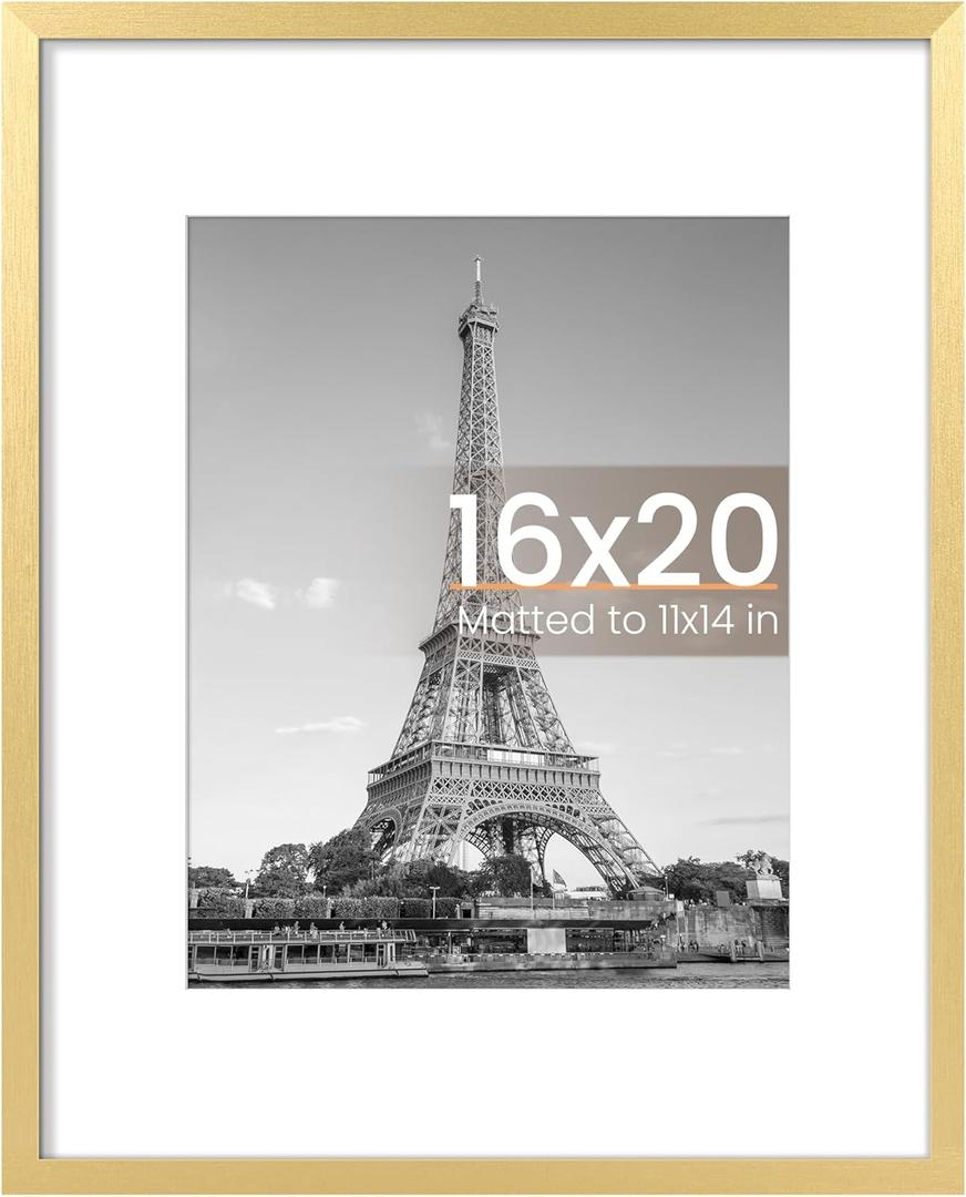 16x20 Picture Frame, Display Pictures 11x14 with Mat or 16 x 20 Without, Wall Hanging Poster Frame, Gold, 1 Pack