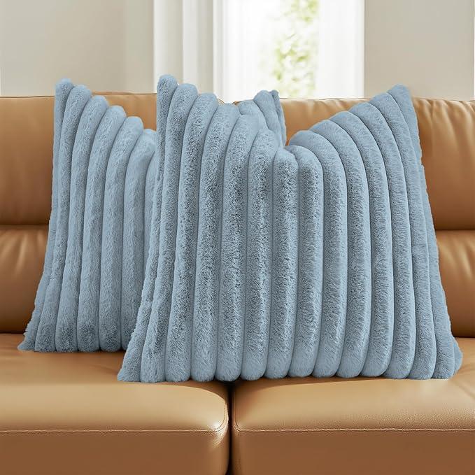FUTEI Dusty Blue Decorative Throw Pillow Covers Set of 2, 18x18 Inch Soft Fluffy Faux Fur Plush Striped Cushion Cases, Modern Home Decor for Couch Bed Living Room