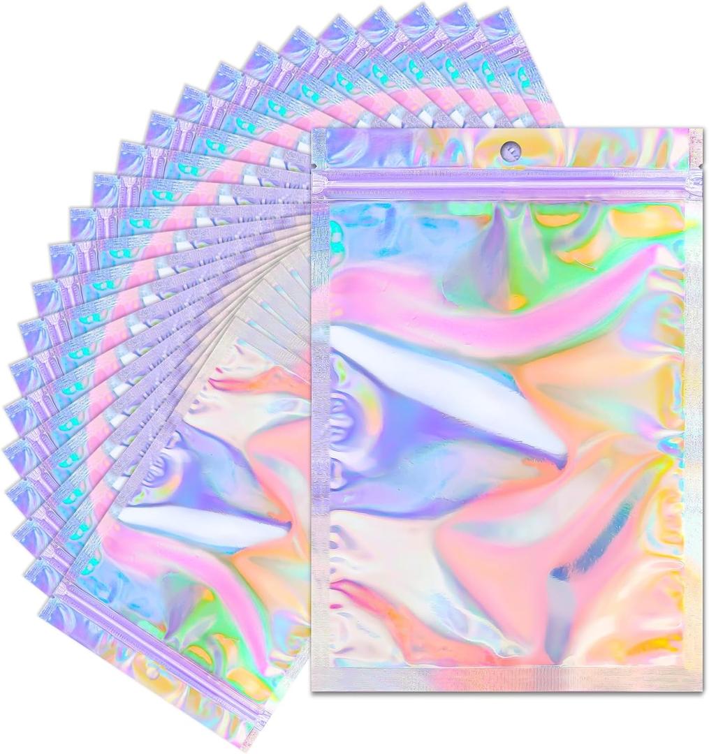 100 PCS Holographic Mylar Bags 5" x 7" Resealable Smell Proof Bags Holographic Rainbow Color Foil Pouch Zip Bag for Party Favor Food Storage, Coffee Beans, Candy & Jewelry Packaging