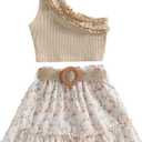 BOEBNOZCV Toddler Baby Girls Outfits Ruffle Off Shoulder Crop Tops + Floral Tulle Shorts Skirt Set Kids Summer Clothes (Beige Floral Skirts,8-9 Years)