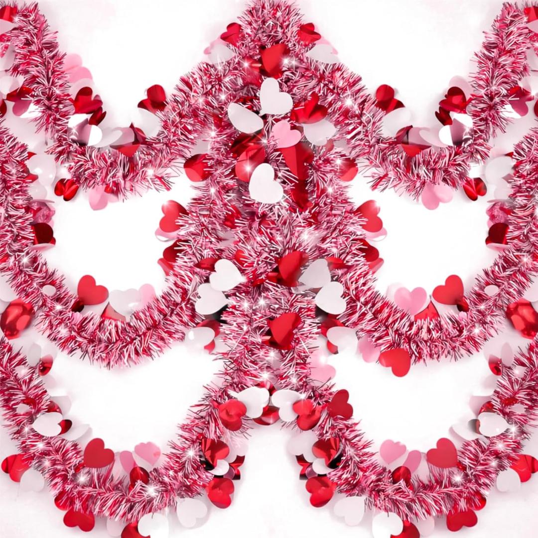 50FT Valentines Garland with Hearts for Valentines Day Decorations, Pink Heart Tinsel Mantle Garland Valentines Day Decor for Home Office Indoor Outdoor