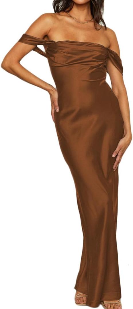 Realtix Elegant Satin Off The Shoulder Ruched Backless Maxi Dress for Women Strapless Tube Sleeveless Bridesmaid Dresses (Large, Brown)