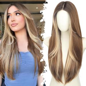 Eawwii Ombre Light Brown With Blonde Glueless Wigs for Women Pre Cut Synthetic Lace Hairline Long Layered Straight Hairstyle 26 Inch