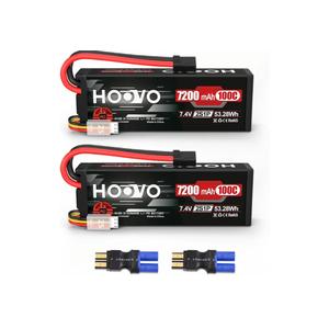 HOOVO 2S Lipo Battery 7.4V 7200mAh 100C RC Lipo Battery Pack Hard Case with TR Plug Compatible with 1/8 and 1/10 RC Truck Vehicles RC Car Truggy Buggy Racing Models-2 Pack 