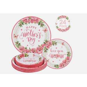 24 Pcs Happy Mother's Day Plates Set - Pink Love You Mom Paper Plate, Disposable