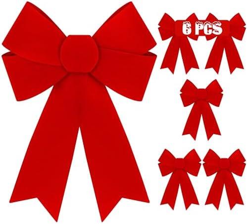 6 PCS Christmas Decorations, 9 x 12 Inches Large Christmas Bows, Red Velvet PVC Hanging XmasTree Decorations Indoor Outdoor Xmas Decor for Home Party Wreath Fence Fireplace Stairs Railing Door