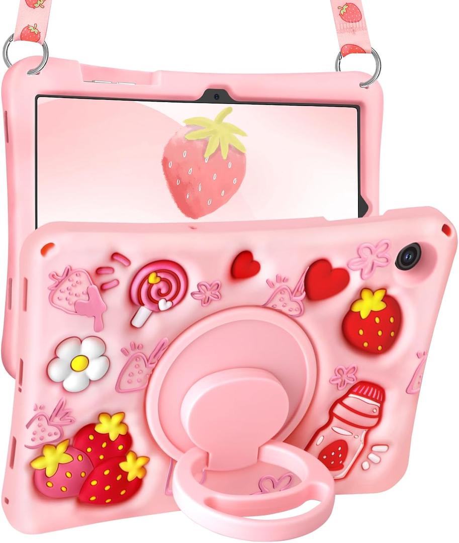 Boaretiu for Samsung Galaxy Tab A9+ Case - Soft Silicone Case with Shoulder Strap & Rotating Stand Strawberry Cute Cartoon 3D Kawaii for Girls Girly Kids Teens for Samsung A9 Plus Tablet 11 inch 2023