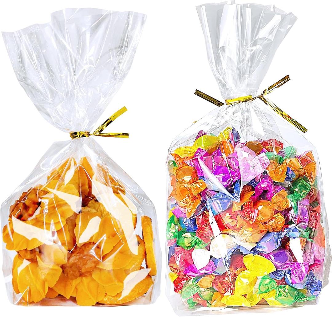 PigPotParty Cellophane Treat Bags 6x9 Inch, 50 Pack Clear Goodie Bags with Bottom Gusset for Stand-Up Display, Small Plastic Gift Wrap for Cookies, Candy, Party Favors, Popcorn, Includes 50 Gold Ties