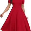 MarryUP Womens Short Puff Sleeve V Neck Casual Semi-Formal Cocktail Party A-Line Dress (006-red, Large)