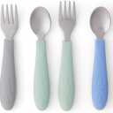 Elk and Friends Kids Silverware with Silicone Handle | Childrens Safe Flatware | Toddler Utensils | Baby Spoons + Forks | Stainless Steel Cutlery (Sage/MistyBlue/Gray)