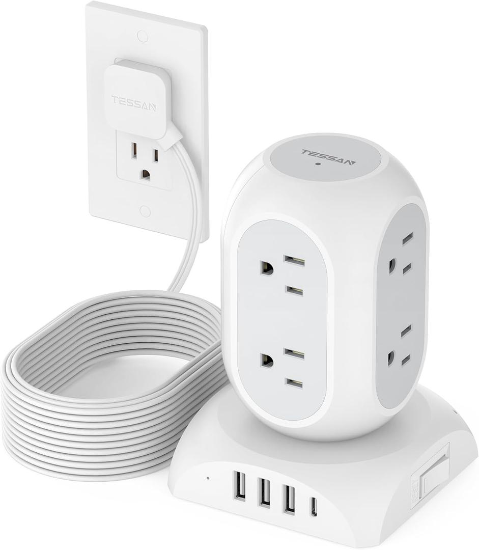 TESSAN Surge Protector Power Strip Tower, Flat Plug Extension Cord 10 Ft with 8 AC Multiple Outlets 4 USB Ports (1 USB C), 1050J Protection Desk Charging Station for Home, Office, Dorm Room, Gray