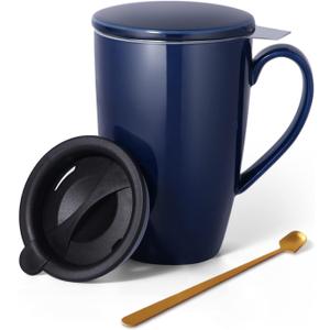 YumKubis Tea Cup with Infuser and Lid, 17 oz Large Tea Infuser Mug with 2 Lids, Ceramic Teacups for Women, Men, Kids, Loose Leaf, Gifts