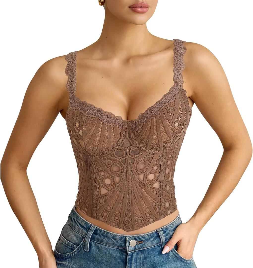LEACOOLKEY Lace Corset Top for Women Sexy Sheer Floral Bustier Going Out Lace-up Bralette Club Party Concert Crop Top (Large, Brown)