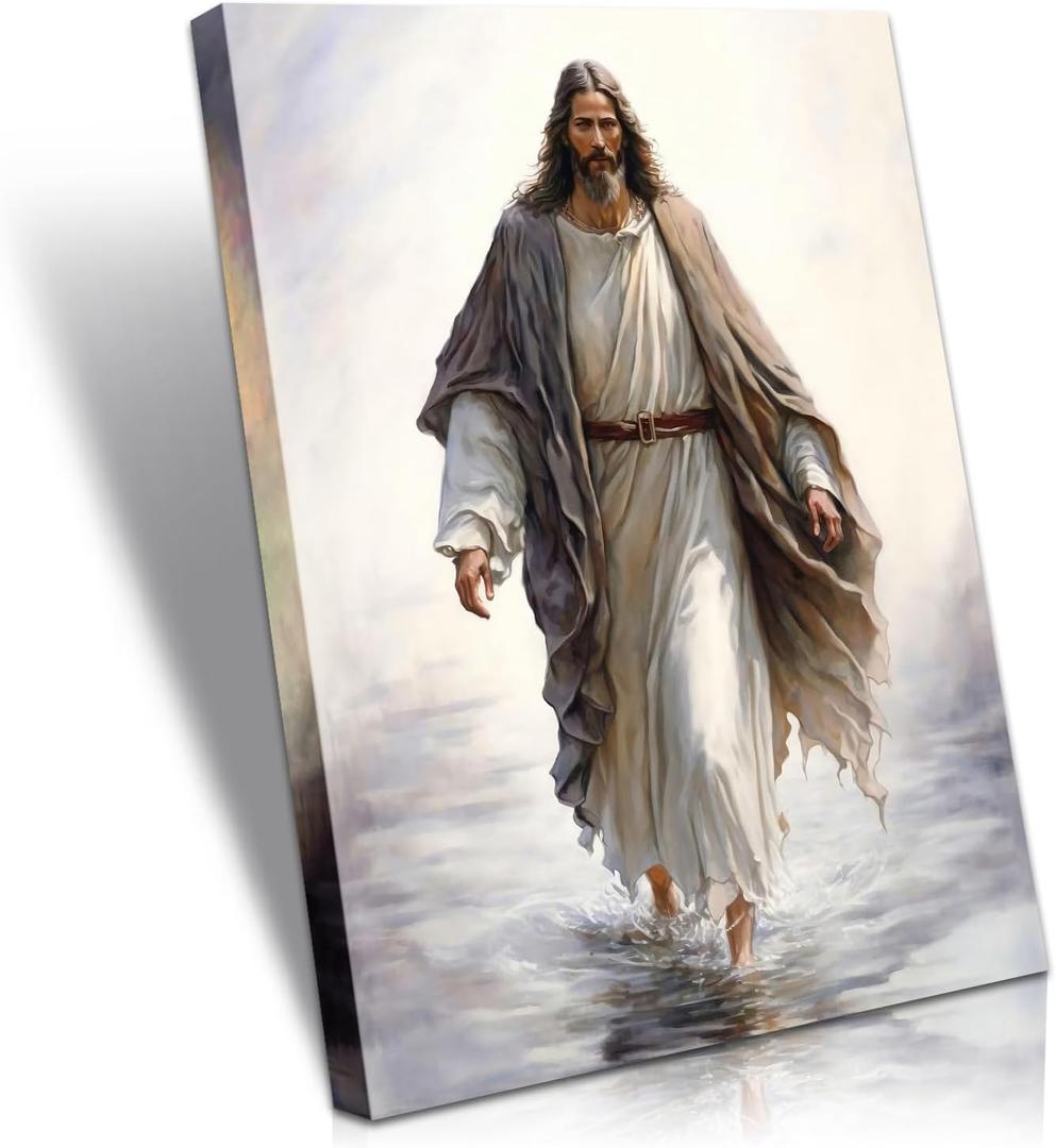 Framed Jesus Wall Art Decor Walking In The Water Canvas Christian Religious Jesus Canvas Wall Decoration Bible Picture Poster Printing Living Room Painting Bedroom Church Ready To Hang.