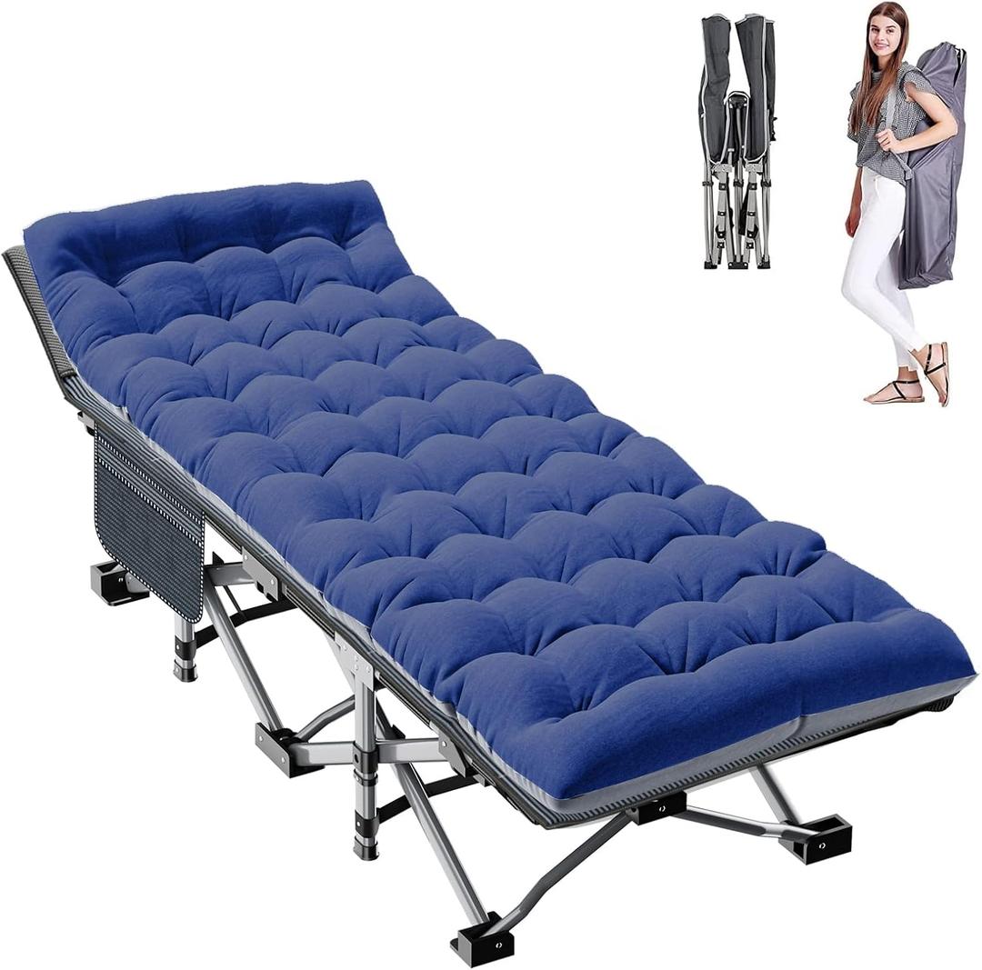 ABORON Folding Camping Cot W/Mat for Adults, Heavy Duty Outdoor Bed with Carry Bag,1200 D Layer Oxford Travel Camp Cots, Denim 