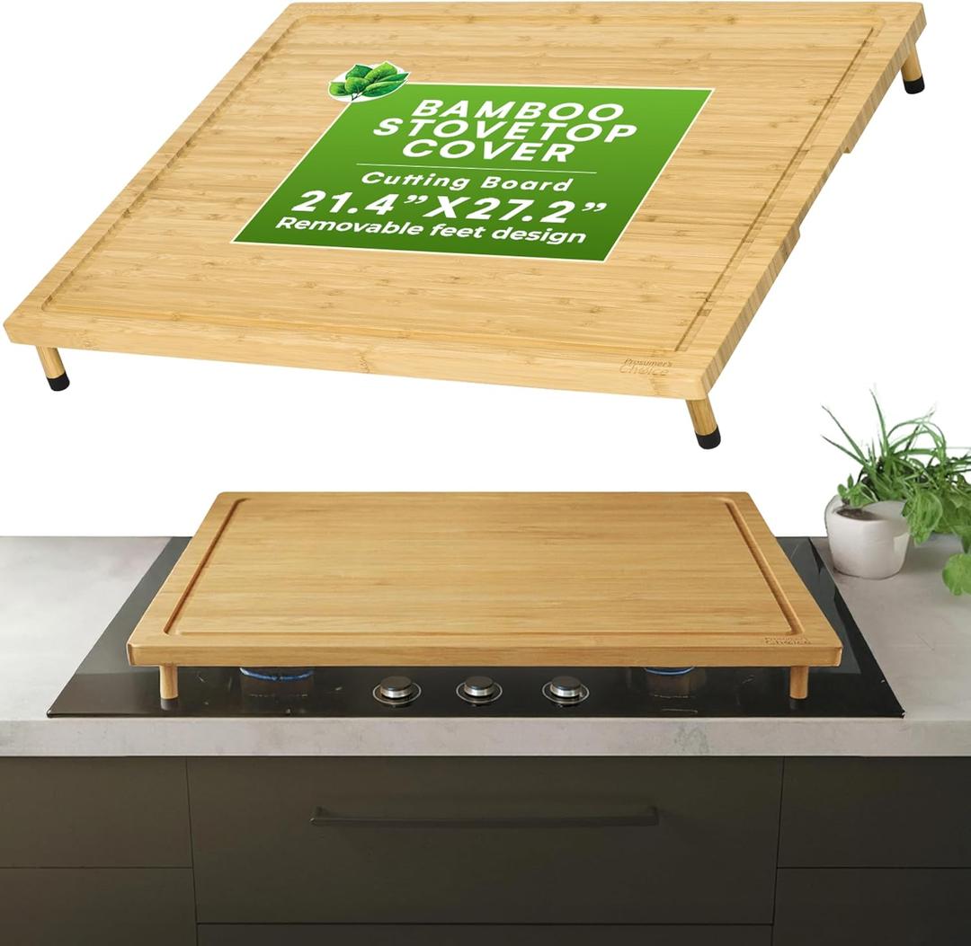 Prosumer's Choice Bamboo Stove Top Cover Board - Versatile Wooden Cutting Board for Kitchen with Adjustable Legs and Juice Grooves- Large Surface and Durable for Stoves, 27.2 x 21.4 x 3.1 Inches