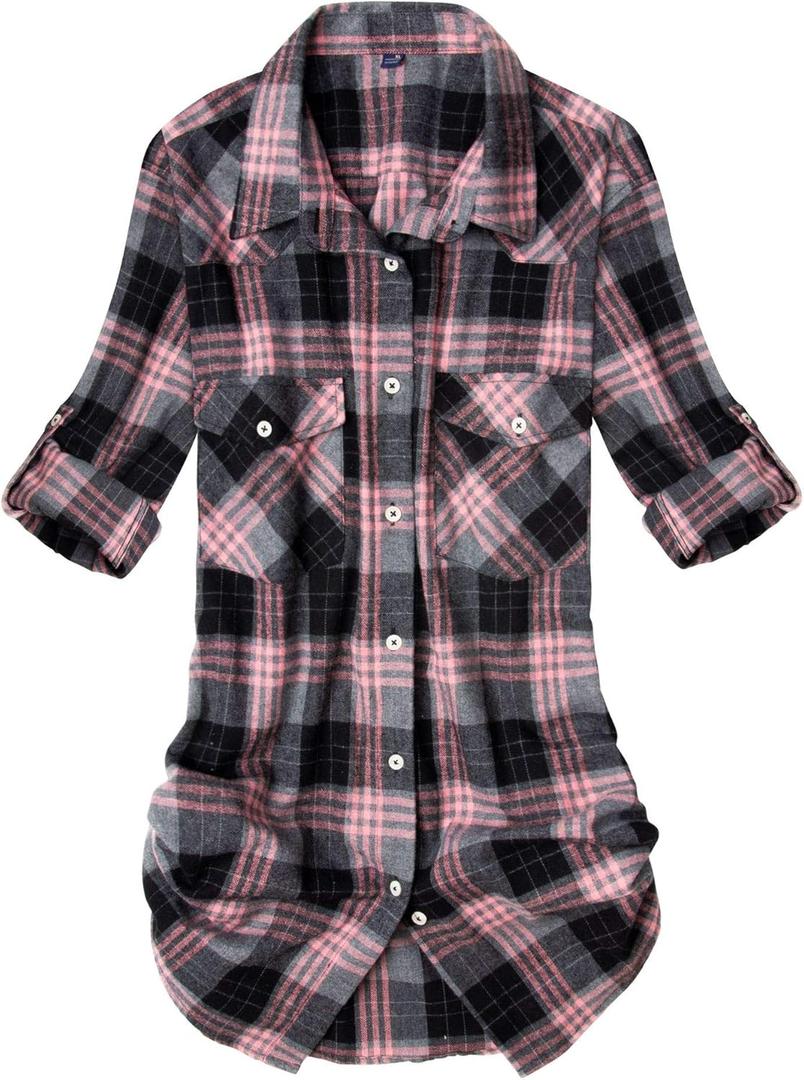 Alimens & Gentle Womens Flannel Shirt Long Sleeve Plaid Shacket Soft Casual Collared Loose Button Down Roll Up Blouses Tops (Medium, Pink Grey)