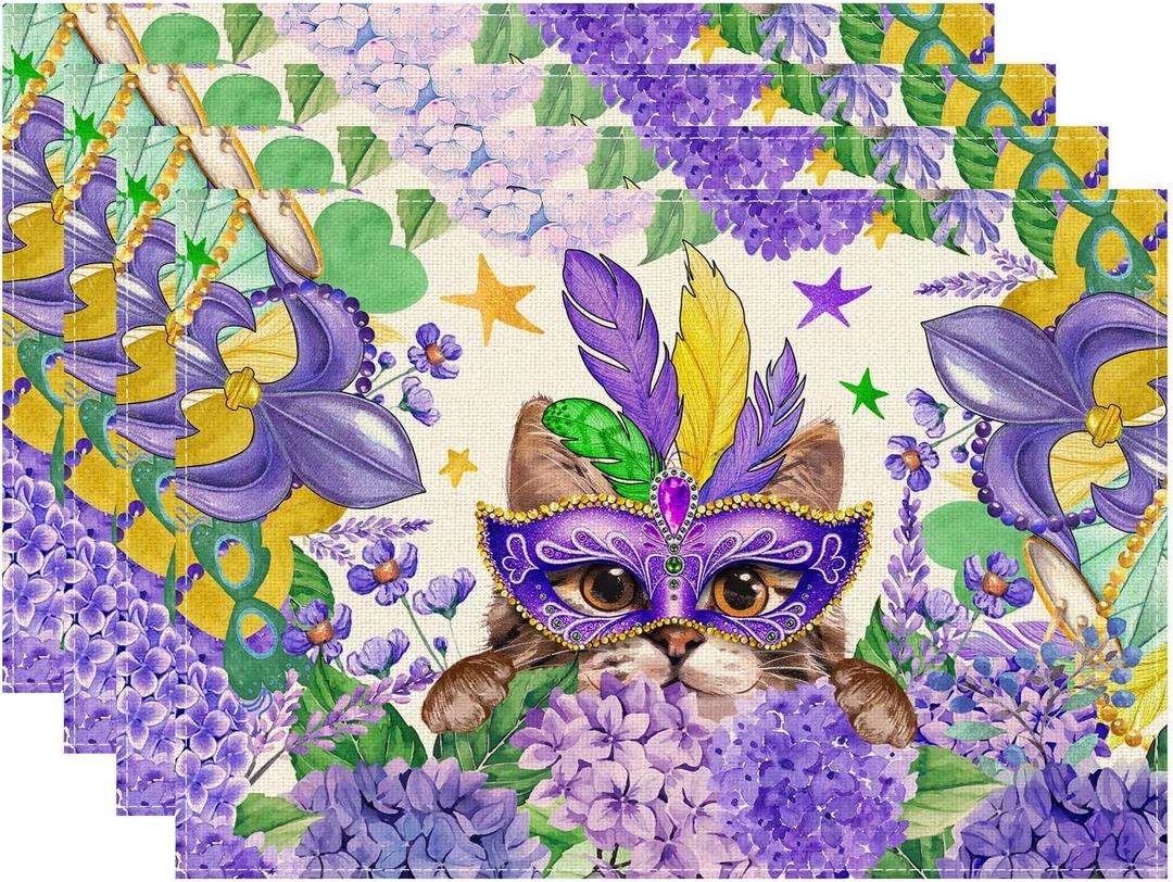 3 x XCHI Mask Cat Iris Fleur De Lis Flowers Mardi Gras Placemats Set of 4 Carnival Table Mats for Masquerade Party Home Kitchen Dining Table Decorations 12x18 Inch