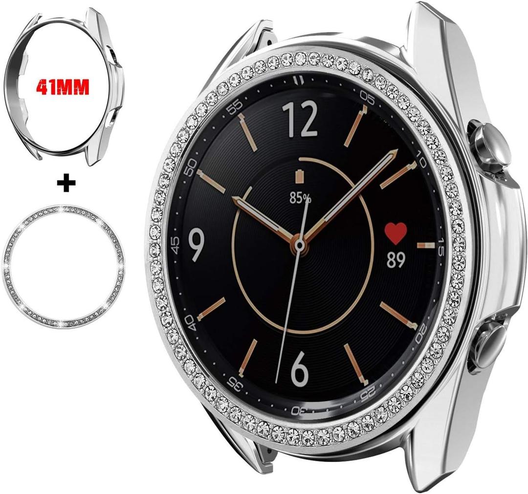 Abanen Case Cover with Bezel for Galaxy Watch 3 41mm, Soft Flexible TPU Bumper Case with Bling Crystal Watch Bezel Protective Cover Ring for Samsung Galaxy Watch3 41mm (Silver)