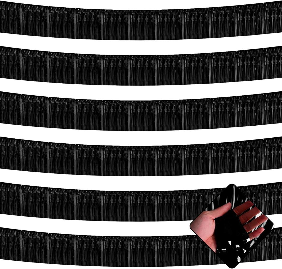 6 Pack 10 Feet Foil Fringe Garland Metallic Tinsel Streamers Banner Wall Hanging Curtain Backdrop for Parade Floats, Bachelorette, Wedding, Birthday, Halloween, Christmas Party Decorations(Black)
