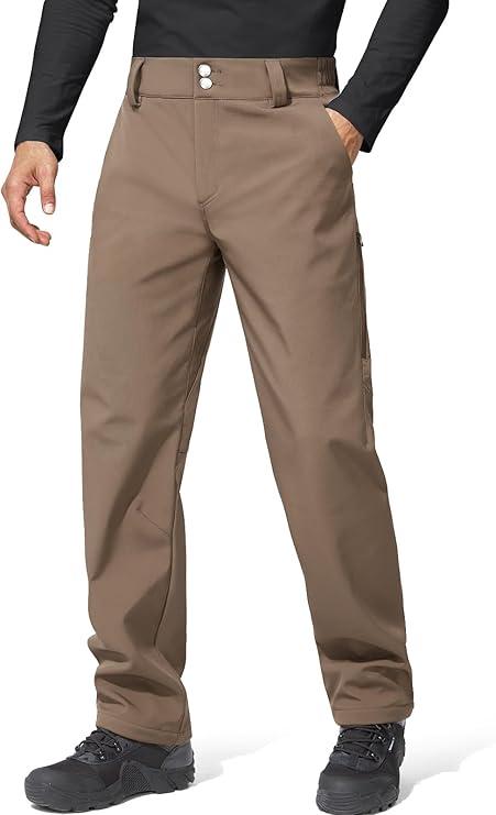 Men's Warm Windoproof Winter Fleece Lined Pants Hiking Expandable Waist Softshell Snow Ski Pants Brown 32w/30 L