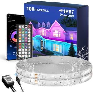 Fussion Outdoor LED Strip Lights Waterproof 100FT (2 Rolls of 50ft) IP67 LED Light Strips with Remote, RGB Color Changing Christmas House Rope Lighting for Outside