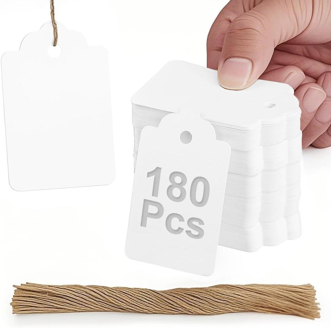 PH PERKHOMY 180 Pcs Gift Tags with String Attached Kraft Paper Blank for Price Tag Gift Bag Hang Tags Box Labeling Clothes Craft Wedding Christmas Presents Halloween (White 180pcs)