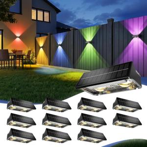 Solar Fence Lights Outdoor,12Pack,Warm White+RGB 9 Colors,1200mAh,Up and Down Fence Lights Solar Powered Waterproof,Solar Wall Lights for Fence,Backyard,PorchBlack