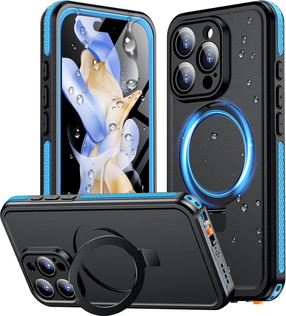Temdan Magnetic for iPhone 16 Pro Case Waterproof, [Built-in Ring Invisible Stand & Screen Protector][IP68 Underwater][Dropproof][Dustproof][Real 360] Shockproof Protective Phone Case 6.3'' -Blue