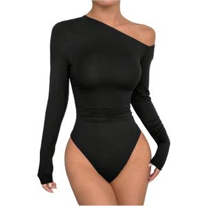 GORGLITTER Women's Long Sleeve One Shoulder Top Bodysuit Asymmetrical Neck Casual Slim Fit Tshirt Leotard Tops S
