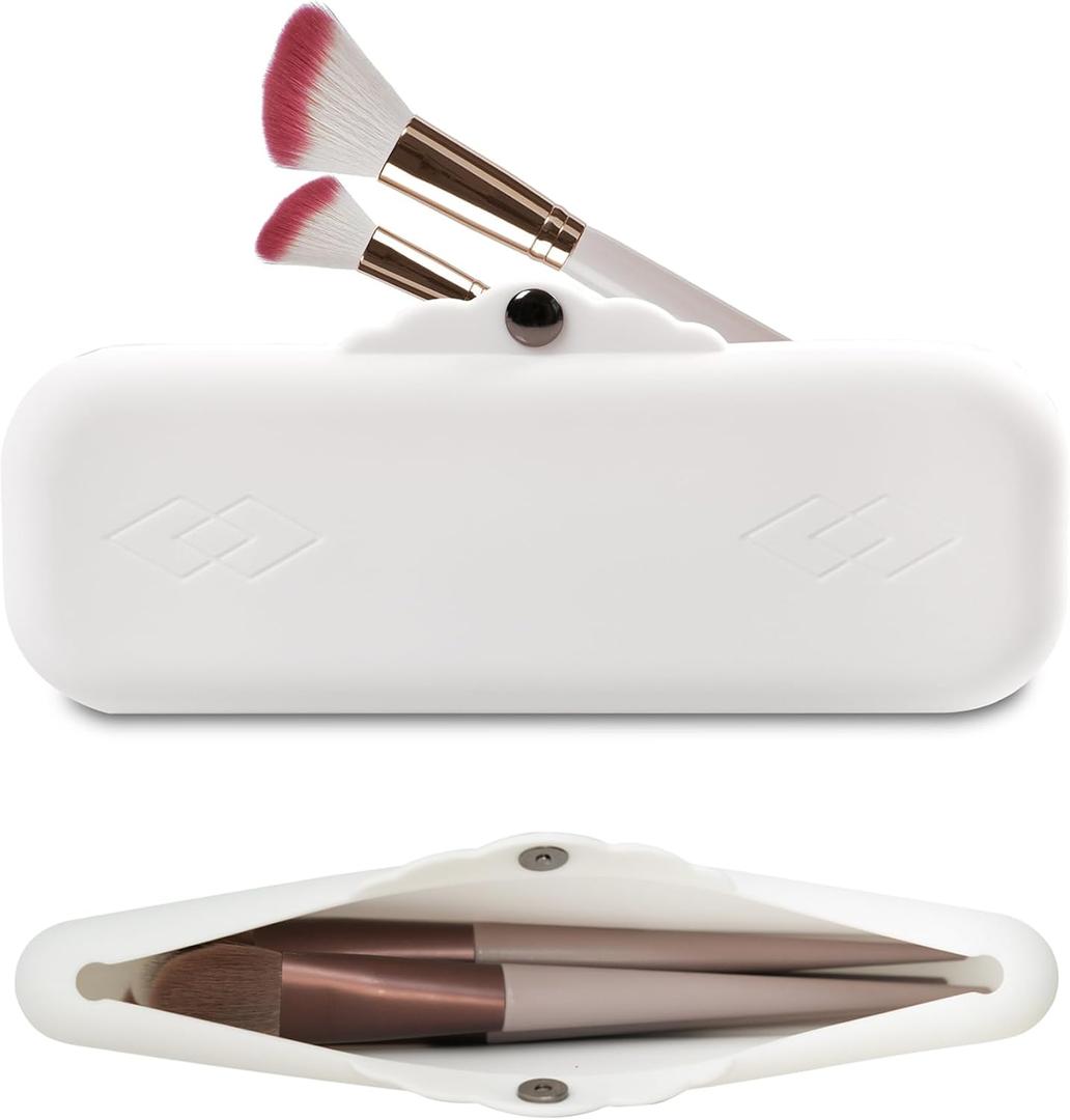 Silicone Makeup Brush Holder Bags: Cosmetic Case with Magnetic-Metal-Buttons for Travel, Makeup Pouch Case for Makeup Tools Storage (White)