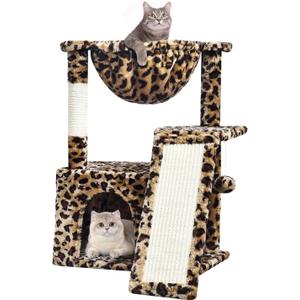 SYANDLVY Leopard Print Cat Tree for Indoor Cats, Small Cat Tower with Scratching Post & Board, Modern Activity House Condo with Cradle, Hanging Ball for Play, Kittens Cave