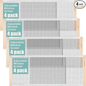 Hicarer 4 Pcs Expandable Window Screen Adjustable Sliding Window Screen Mesh with Zinc Plated Rails and Varnished Wood Ends Replacement Window Screens for Home(18 Inches High x 25-45 Inches Wide)