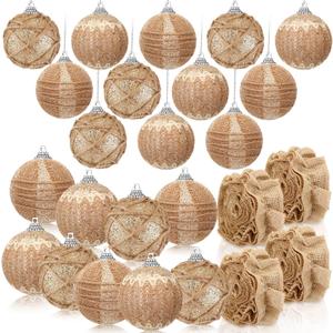28 Pcs Burlap Christmas Ornaments Farmhouse Rustic Christmas Tree Ornaments Decoration Hanging Boho Ball Ornament Burlap Garland Ribbon for Xmas Holiday Party(Classic Style)