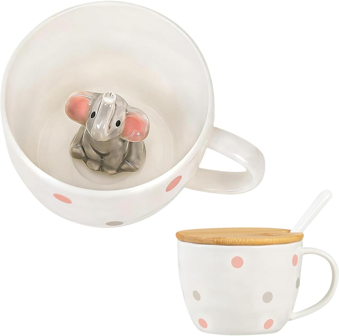 White Elephant Gifts for Women Cute Elephant Mug with 3D elephant Inside Kawaii Ceramic Coffee Mug Tea Cup with Lid Spoon Friendship Birthday Christmas Gifts for Women Men Sisters Friend Coworkers