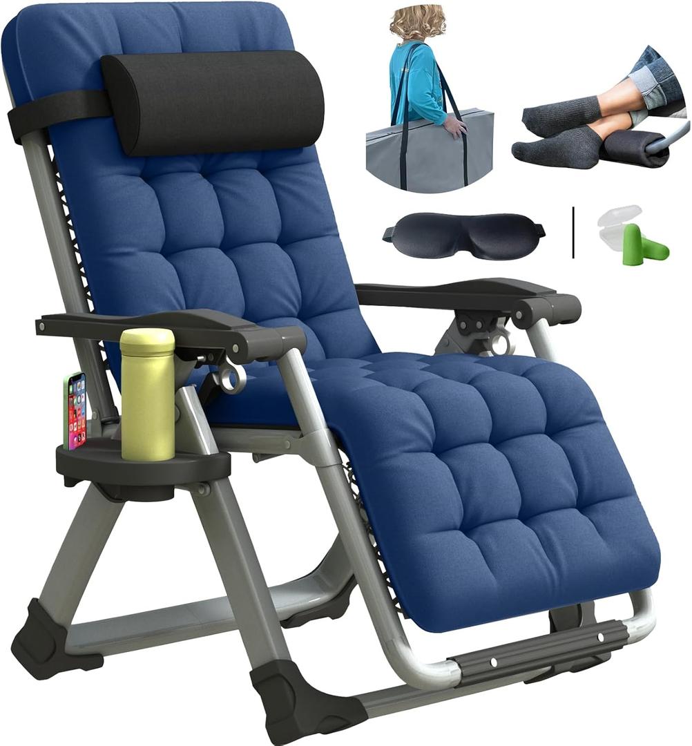 Oversized Zero Gravity Chair, XL Lounge Chair 29 Width, Padded Recliner Chair W/Removable Cushion & Adj Headrest, Storage Bag, Footrest Cushion, Cup Holder, for Indoor Outdoor, Blue
