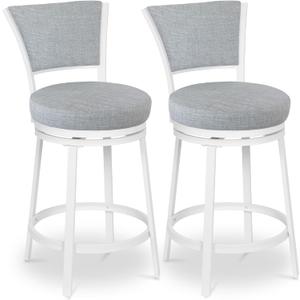 Bar Stools Set of 2, 25 Inch Metal Counter Height Bar Chairs, Modern Linen Fabric 360 Round Swivel Barstools with Back, Counter Stools for Kitchen Island, Pub, Grey & White