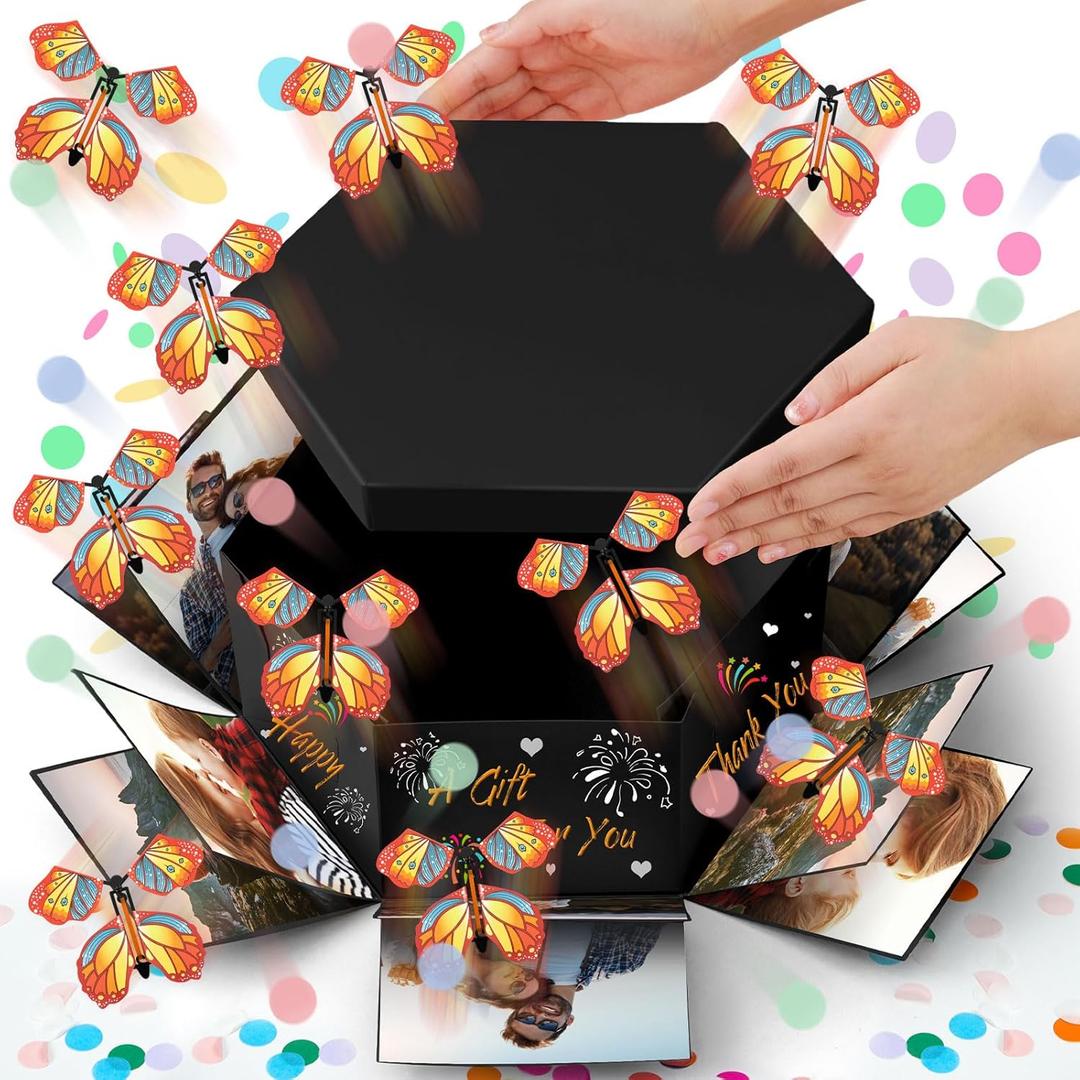 Dunzoom Flying Butterfly Surprise Gift Box, Large DIY Birthday Explosion Gift Box with 12 Pcs Flying Butterfly, Exploding Fantasy Decor for Birthday, Wedding, Anniversary Party(Black)