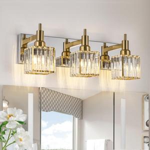 Crystal Bathroom Vanity Light Gold Chrome 3-Light Modern Bathroom Lighting Fixtures Over Mirror Square Wall Sconce