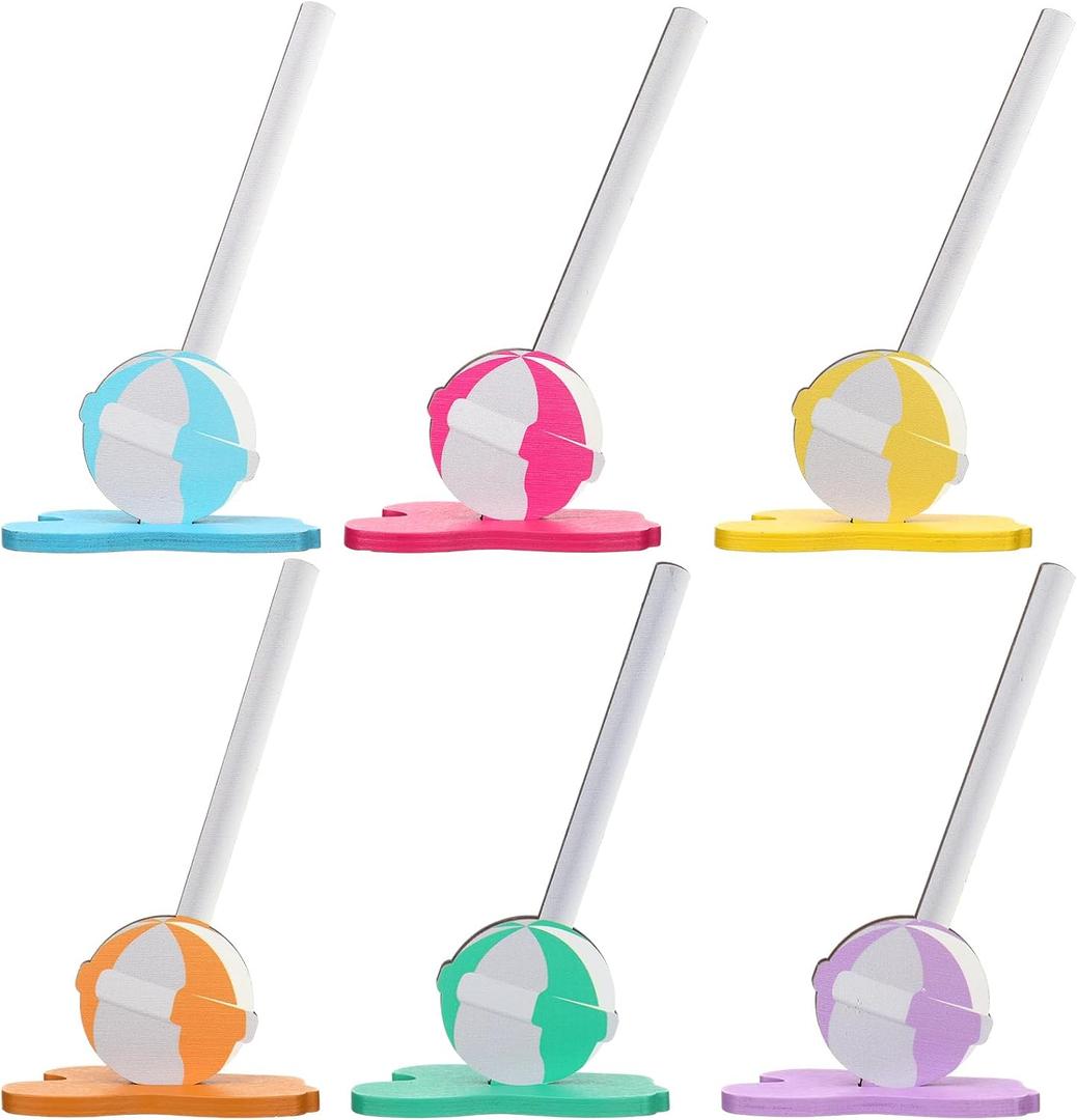 Chunful 6 Pieces Wooden Lollipop Table Centerpiece Sign Candyland Party Decorations Summer Bar Tiered Tray Decor for Summer Sweet Shop Party Baby Bridal Shower Wedding Birthday Supplies