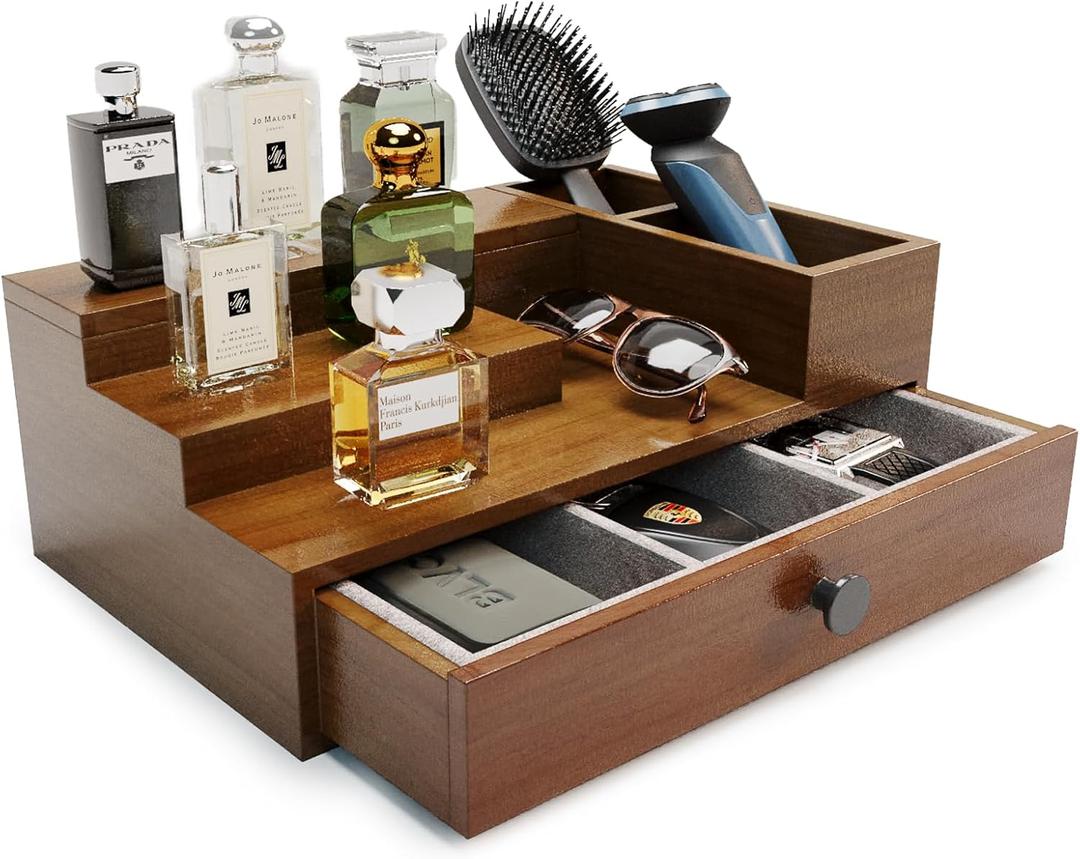 Pine Wood Cologne Stand Organizer for Men, 3 Tier Cologne Display Shelf Organizer with Hidden Compartment and Velvet Lining Drawer, Perfume Display Holder (Brown, 01)