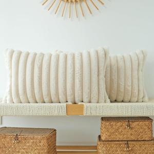 JOJUSIS Pack of 2 Faux Fur Plush Decorative Throw Pillow Covers Couch Cushion Case Soft Pillowcases (Beige, 12 x 20-Inch)