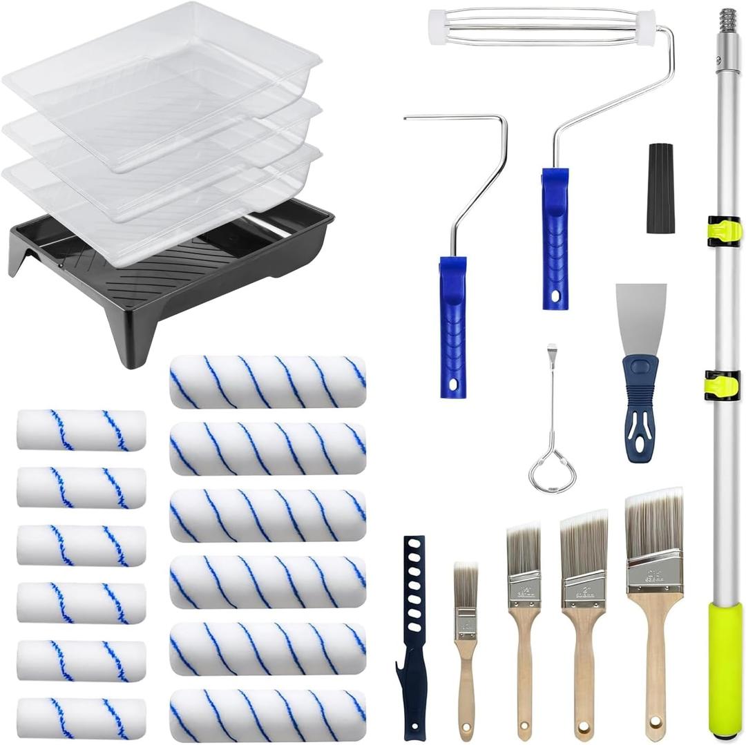 27 PCS Paint Roller Kit with Extension Pole, 4" & 9" Paint Rollers, Professional Paint Brushes for Walls Set, House Painting Supplies, Non-Slip Tray for All Latex and Oil Paints & Stains